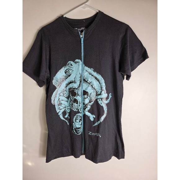 Zippitee Skull Octopus Graphic T-Shirt Zipper Accent Gray Large - Picture 1 of 6